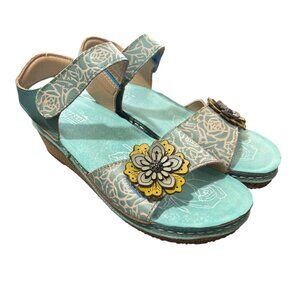 LArtiste Spring Step Floral Leather Sandals Teal Blue Art Womens EU 39 / US 8.5